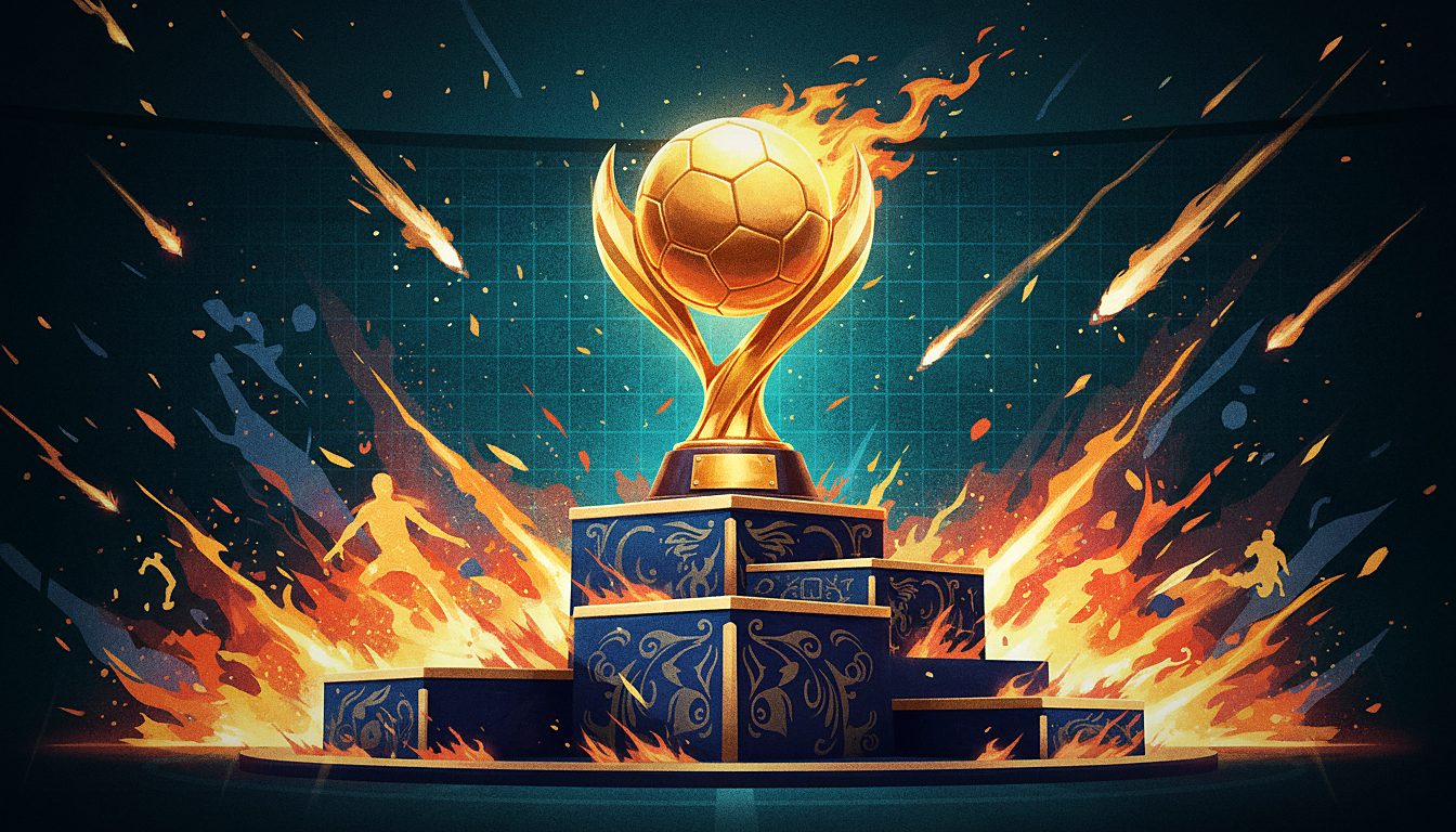 golden trophy on a podium with confetti, tournament theme
